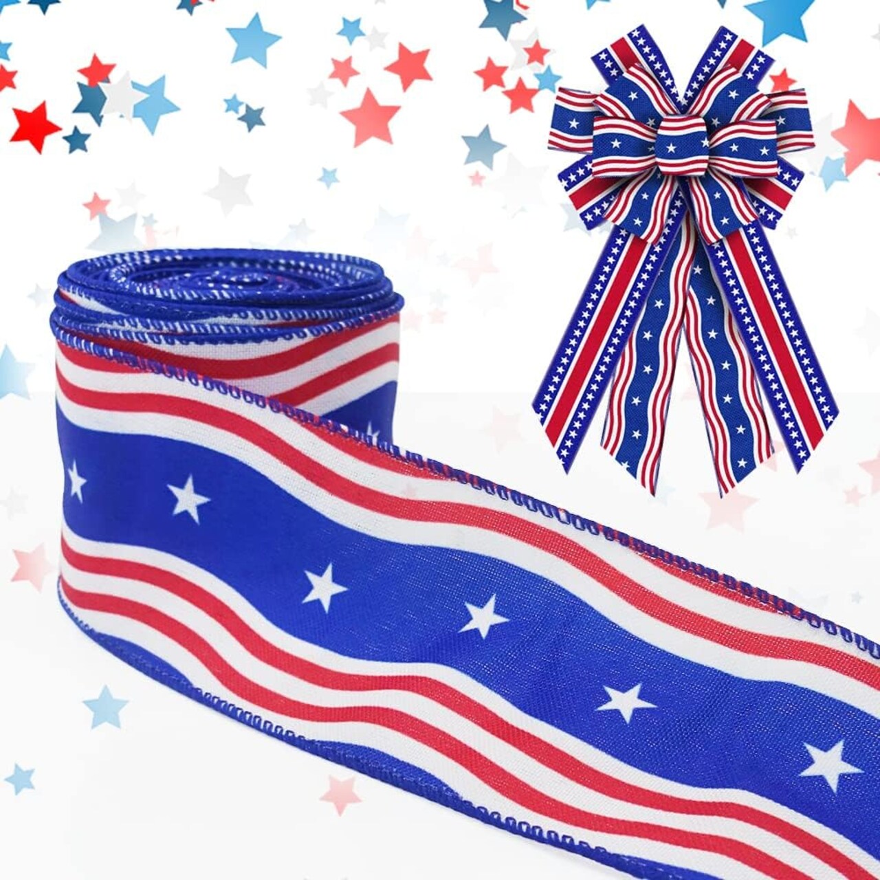 Patriotic Wired Edge Ribbon – 2.5" x 10 Yards Red, White & Blue Stars & Stripes Ribbon for Veterans Day, 4th of July, Labor Day, DIY Crafts, Wreaths & Gift Wrapping